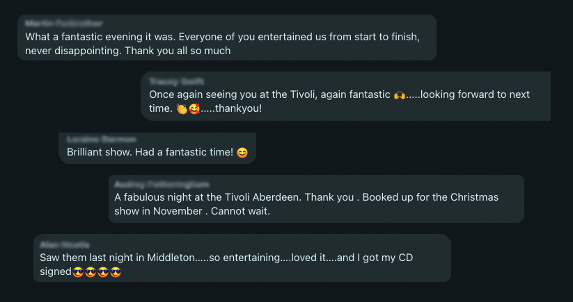 Audience feedback from Down for the Count's A Century of Swing tour