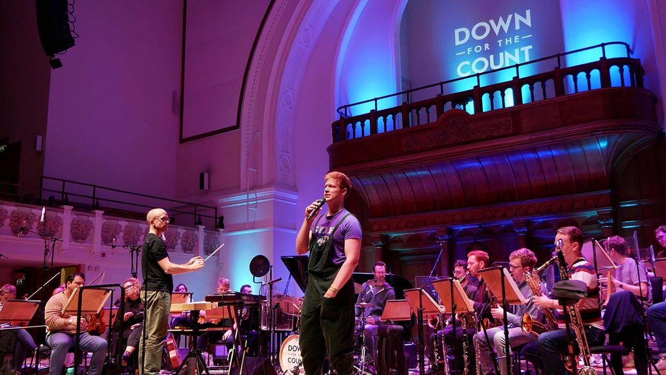 Vocalist Callum Gillies in rehearsal with Down for the Count Swing Orchestra at Cadogan Hall, London