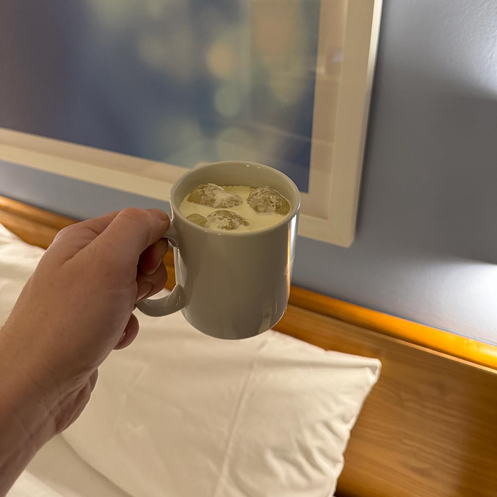 We celebrated with a post-show hangout in Mike’s room where Mike perfected the art of making a White Russian in a Travelodge mug.